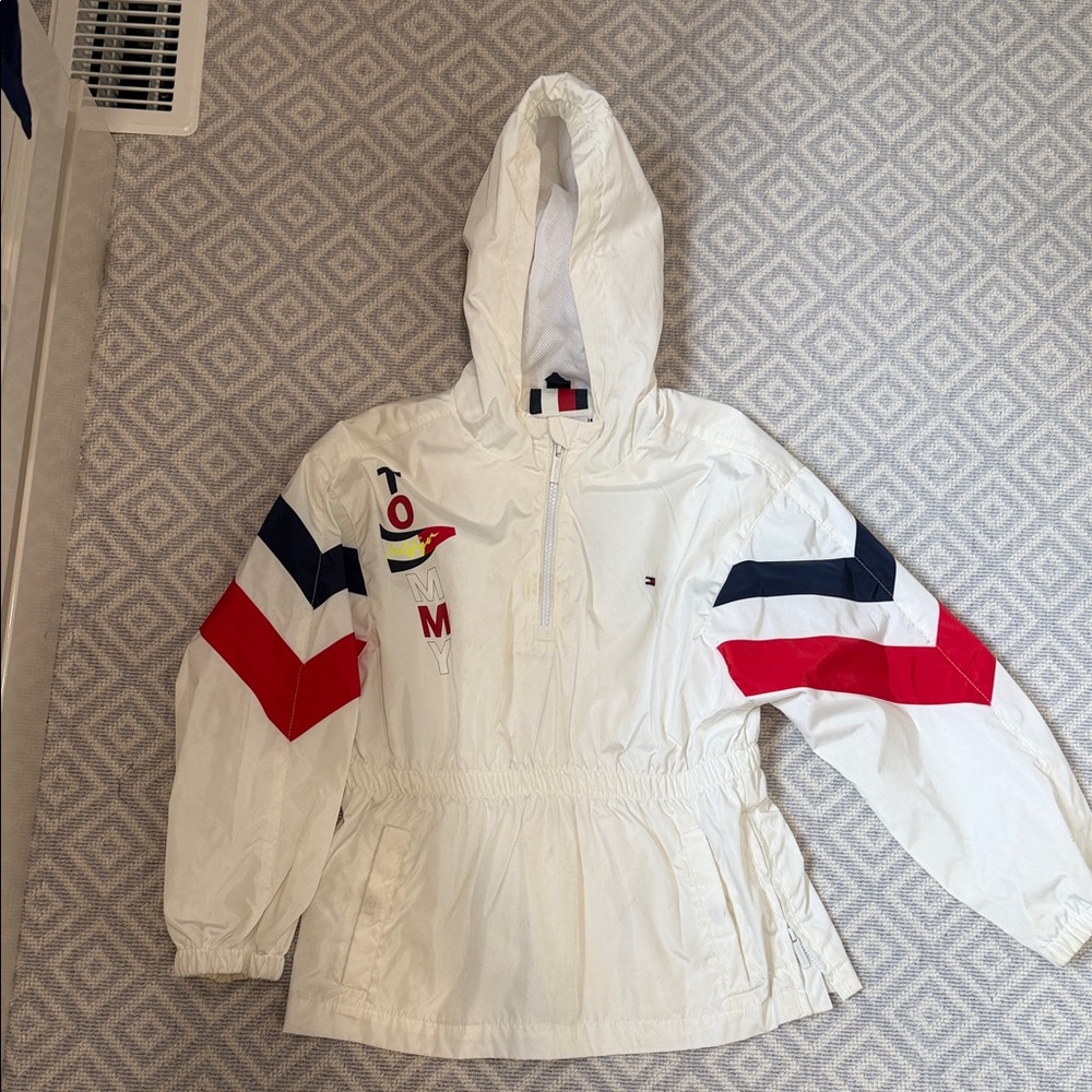 Tommy Hilfiger White Hooded Windbreaker with Red & Navy Chevron Sleeves